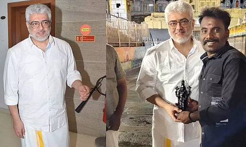 Actor Ajith clicks a photo with a fan at the Venkateswara Swamy Temple in Tirumala
