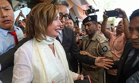 Former US House Speaker Nancy Pelosi upon her arrival at the Kangra Airport, in Dharamshala (PTI)