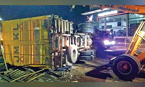 The ill-fated truck being lifted back to normal position