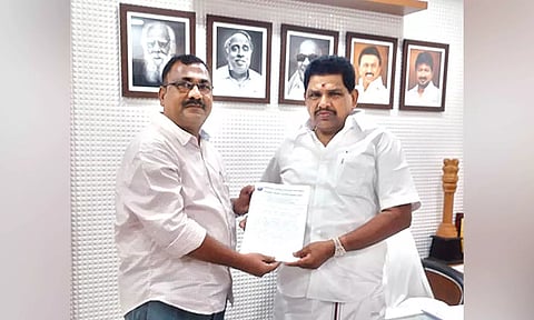 Justin Antony, president of INFIDET, handing over a petition to Anitha R Radhakrishnan, Minister of Fisheries, in Chennai