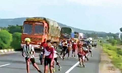 Screengrab from the video of students skating on Salem-Namakkal Highway