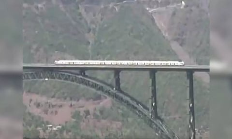 Trail run of the newly constructed world's highest rail bridge built on the Chenab River in Jammu and Kashmir ANI)