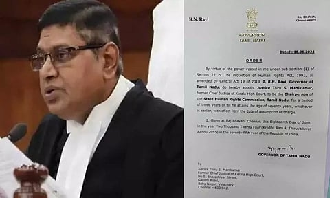 (L to R) S Manikumar, former Chief Justice of the Kerala High Court; Raj Bhavan order copy