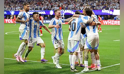 Argentina celebrates scoring the second goal against Canada