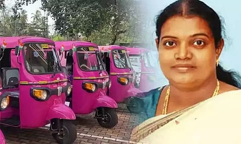 (L-R) Pink autos, Minister for the Department of Social Welfare and Women Empowerment Geetha Jeevan (Daily Thanthi)
