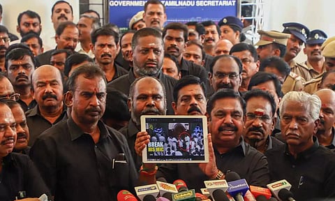 Leader of Opposition Edappadi K Palaniswami speaking to media after walking out of the Assembly&nbsp;