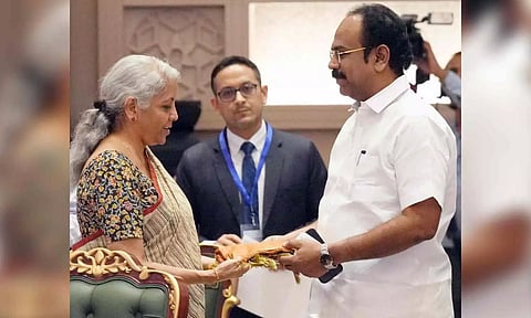 Tamil Nadu Finance Minister Thangam Thennarasu and Union Finance Minister Nirmala Sitharaman during the GST Council meeting held in Delhi on Saturday