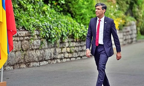 British Prime Minister Rishi Sunak arrives at the Ukraine peace summit in Obbürgen, Switzerland, Saturday, June 15, 2024. (AP)
