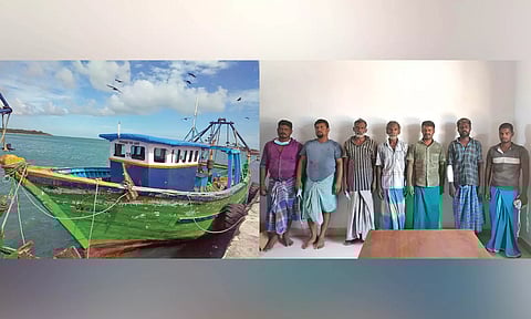 One of trawlers seized by the Lankan Navy on Sunday; Seven of the 22 fishermen in custody at the Kankesanthurai harbour before being handedover to officials at Myliddy