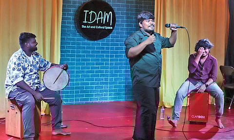 (From left) ‘Percussion’ Karthick, Vasanth and Madhan of People’s Theatre perform the set ‘Iyal Isai Nadagam’ at the fundraising event in Kodambakkam on Sunday