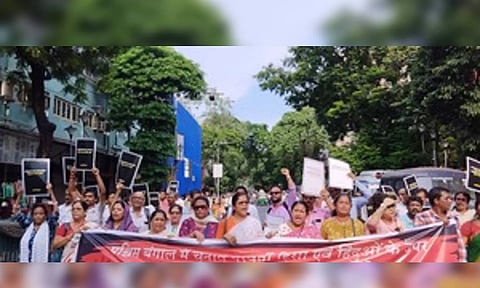 Rashtriya Swayamsevak Sangh (RSS) durimg protest rally in Kolkata on Monday&nbsp;