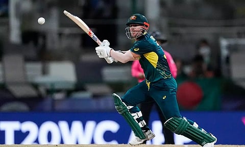 David Warner plays a shot in the match against Bangladesh (PTI)