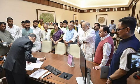&nbsp;Congress MP Kodikunnil Suresh with opposition MPs M.K. Raghavan, Anto Antony,&nbsp; Manickam Tagore during filing of his nomination as candidate for the Lok Sabha Speaker post (PTI)