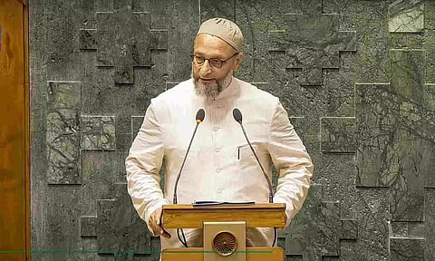 AIMIM MP Asaduddin Owaisi takes oath as a member of the House during the first session of the 18th Lok Sabha (PTI)