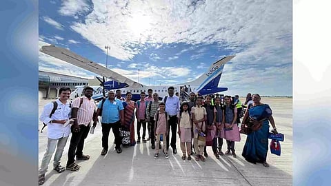 The students who flew in an Indigo airlines flight arrived in the city were welcomed at the Chennai International Airport&nbsp;