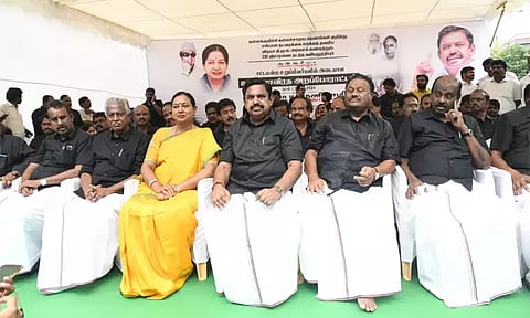 DMDK General Secretary Premalatha Vijayakanth at the AIADMK hunger strike in Chennai&nbsp;