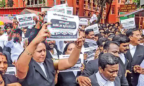 Advocates protesting against three new criminals on the Madras High Court campus (Photo: Hemanathan.M)