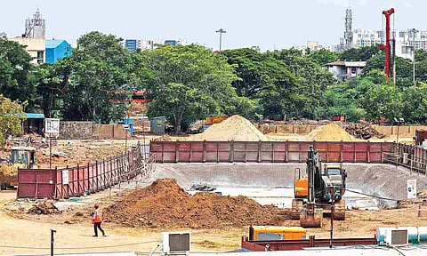 Construction works underway at the new waterbody near Villivakkam Lake (Photo: Hemanathan M)