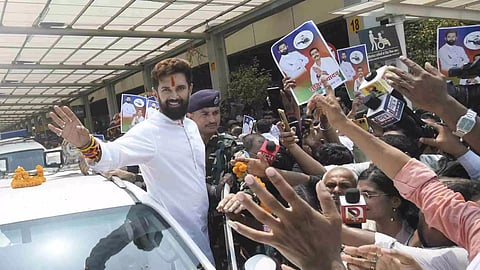 Union Minister and Lok Janshakti Party (Ram Vilas) chief Chirag Paswan greets the gathering during a felicitation programme, in Patna, Saturday, June 29, 2024 (Photo/PTI)