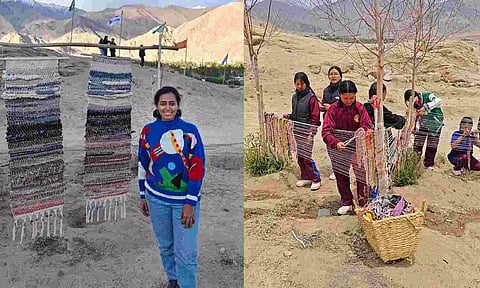 (L-R) Aditi Jain, a textile designer and craft facilitator from Chennai; local communities in Ladakh engaged in traditional weaving practices.