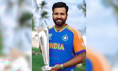 &nbsp;Indian captain Rohit Sharma poses with the 2024 ICC Men's T20 World Cup trophy (Photo: PTI)