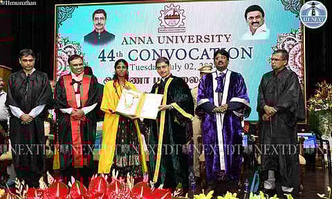 Governor RN Ravi and AICTE chairman TG Sitharam presenting degrees at Anna University’s 44th convocation on Tuesday (Photo: Hemanathan M)
