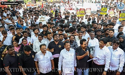 DMK leaders participating in ‘No More NEET’ protest organised by the ruling party’s students’ wing in Chennai on Wednesday (Photo:Hemanathan.M)