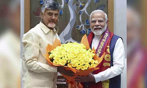 Andhra Pradesh Chief Minister N. Chandrababu Naidu meets Prime Minister Narendra Modi, in New Delhi (PTI)&nbsp;