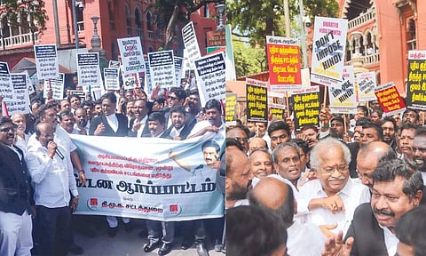 Advocates belonging to AIADMK and DMK conducting protest on Madras High Court campus (Photo: Hemanathan M)