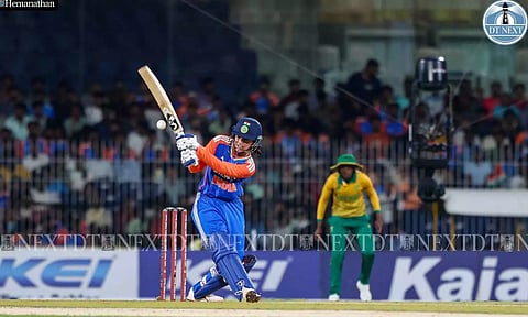 Smriti Mandhana plays a shot during the first T20 match (Photo: Hemanathan M)
