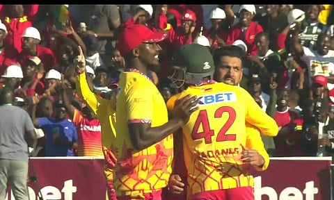 Zimbabwe players celebrates after a wicket (Screengrab)