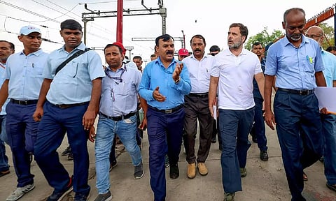 Rahul Gandhi meets the loco pilots during his visit to the New Delhi Railway Station (ANI)