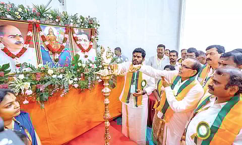 Union Minister for Agriculture and Farmers’ Welfare Shivraj Singh Chouhan lights a lamp ahead of the State BJP executive council meeting, on Saturday