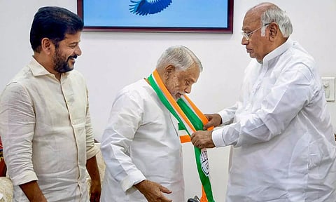 Congress President Mallikarjun Kharge greets Rajya Sabha MP K Kesha Rao who joined Congress as Telangana CM A Revanth Reddy (PTI)