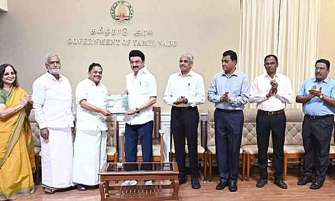 CM Stalin and other officials at the book launch event (X/@TNDIPRNEWS)