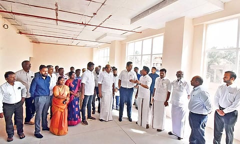 Ministers TRB Rajaa and Anbil Mahesh Poyyamozhi inspecting the Tidel Park in Thanjavur on Tuesday