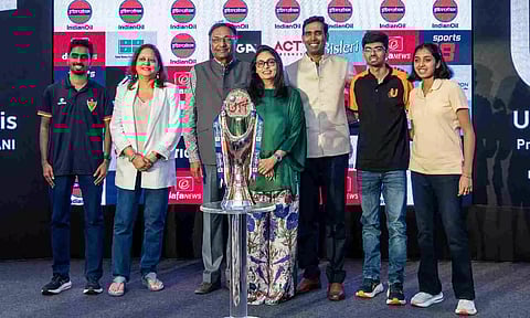 Indian paddlers Sathiyan G, Sharath Kamal, Manav Thakkar and Yashswini Ghorpade with other officials during the UTT 2024 player draft&nbsp;