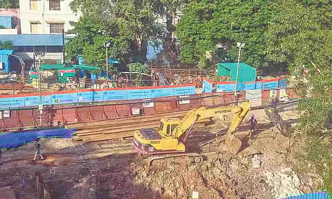 The ongoing construction works of the Chennai Metro Rail Limited near the Mambalam canal