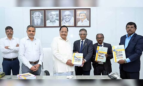Retired Justice P Jyothimani submitting the report to Minister Duraimurugan at Secretariat on Wednesday