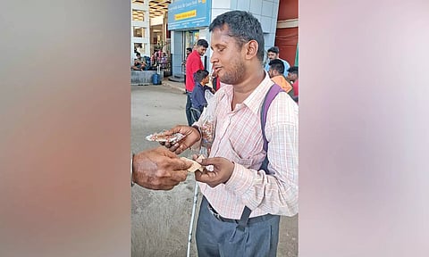 I Raman, a visually-impaired vendor, at the Central railway station