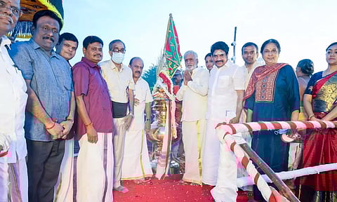 HR&amp;CE Minister PK Sekarbabu at the consecration of Arulmigu Pamban Kumaragurudasar Temple in Tiruvanmiyur on Friday&nbsp;
