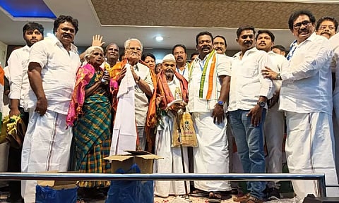 TNCC president K Selvaperunthagai felicitating freedom fighters Gopalakrishnan and Manapparai Sundaram in Tiruchy on Friday