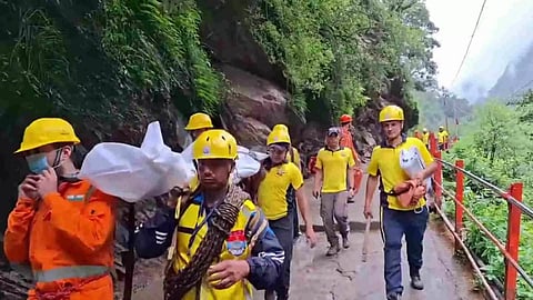 DRF personnel conduct a rescue operation following a landslide on the Kedarnath trekking route, in Rudraprayag district, Sunday, July 21, 2024 (Photo/PTI)