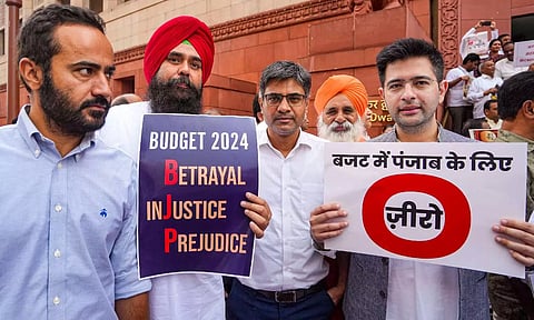 AAP MP Raghav Chadha during an Opposition's protest inside Parliament premises claiming discrimination in Union Budget 2024 during the Monsoon session (PTI)