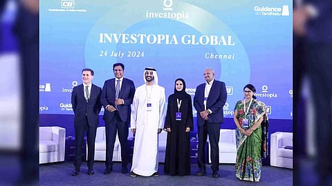 (L-R) Dr Jean Fares, CEO – Investopia, UAE, TRB Rajaa, Abdullah bin Touq Al Marri, cabinet member &amp; UAE Minister of Economy, Alia Abdulla Al Mazrouei, UAE Minister of State for Entrepreneurship and SMEs, R Dinesh, chairman – CII International Council and executive chairman, TVS Supply Chain Solutions, R Nandini, chairperson – CII SR and MD, Chandra Textiles