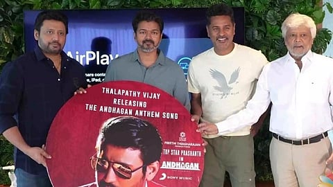 Actor Vijay released the promo song from his The Greatest Of All Time co-star Prashanth's film, Andhagan
