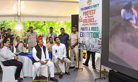 Former Andhra Pradesh CM and YSRCP President Jagan Mohan Reddy during an interview with PTI at the YSRCP's protest