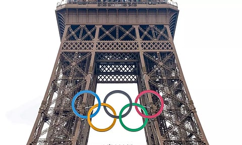 &nbsp;The Olympic symbol put up at the Eiffel Tower for the upcoming Paris 2024 Olympics, in Paris (PTI)