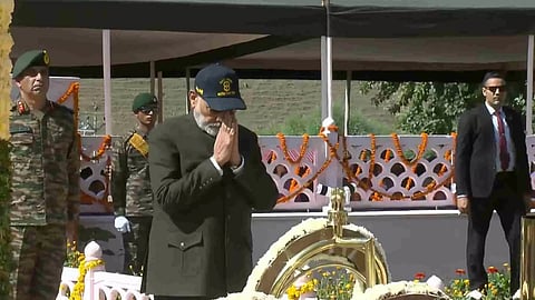 Prime Minister Narendra Modi pays homage at the Kargil War Memorial on the occasion of the 25th anniversary of the Kargil Vijay Divas (Photo/PTI)