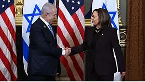 US Vice President Kamala Harris with Israeli Prime Minister Benjamin Netanyahu&nbsp; (IANS)